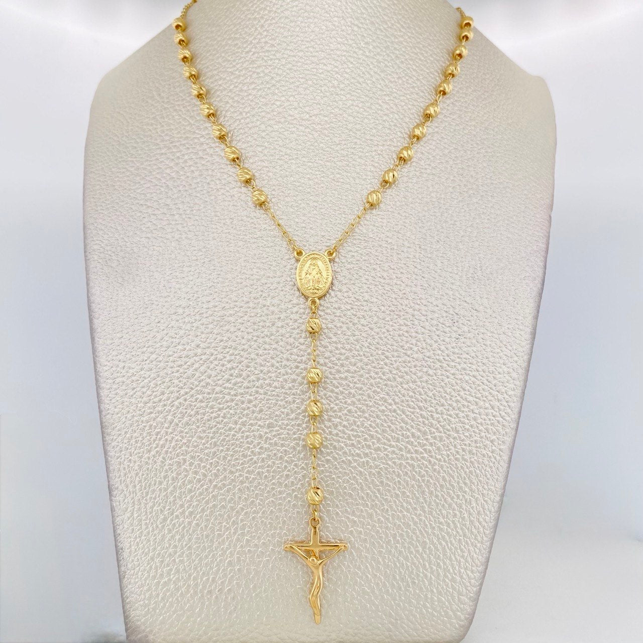 Cadena Rosario Virgen Maria Cruz Cristo 10.35g / 60cm / 4mm Oro Amarillo 18K
