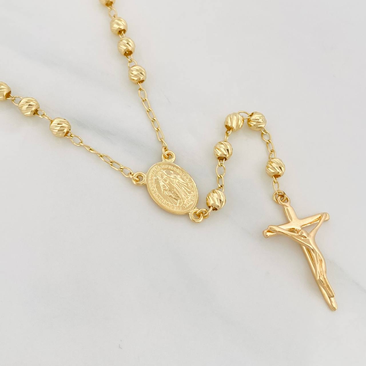 Cadena Rosario Virgen Maria Cruz Cristo 10.35g / 60cm / 4mm Oro Amarillo 18K