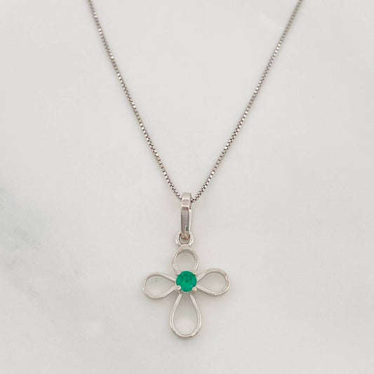 Set Cadena Veneciana + Dije Cruz Esmeralda 6pts / 1.45g / 45cm Oro Blanco 18K