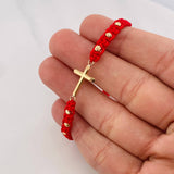 Pulsera Tejida Roja Cruz Oro Amarillo 18K