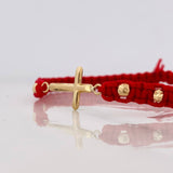 Pulsera Tejida Roja Cruz Oro Amarillo 18K
