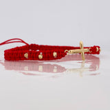 Pulsera Tejida Roja Cruz Oro Amarillo 18K