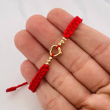 Pulsera Tejida Roja Corazon Oro Amarillo 18K