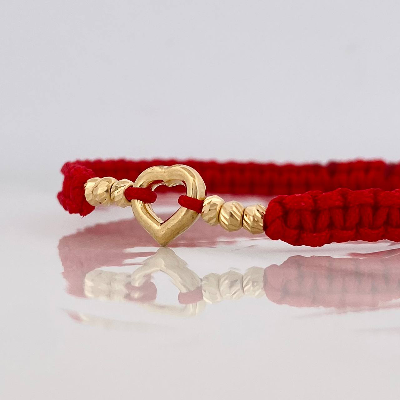 Pulsera Tejida Roja Corazon Oro Amarillo 18K