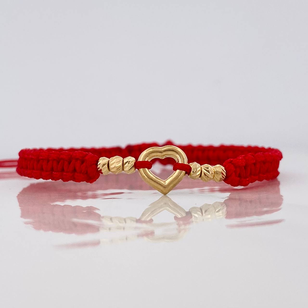 Pulsera Tejida Roja Corazon Oro Amarillo 18K