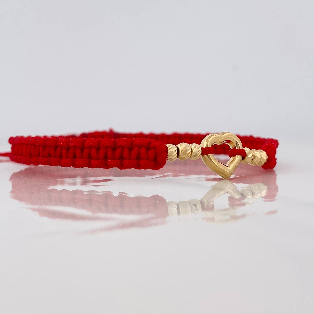 Pulsera Tejida Roja Corazon Oro Amarillo 18K