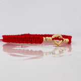 Pulsera Tejida Roja Corazon Oro Amarillo 18K