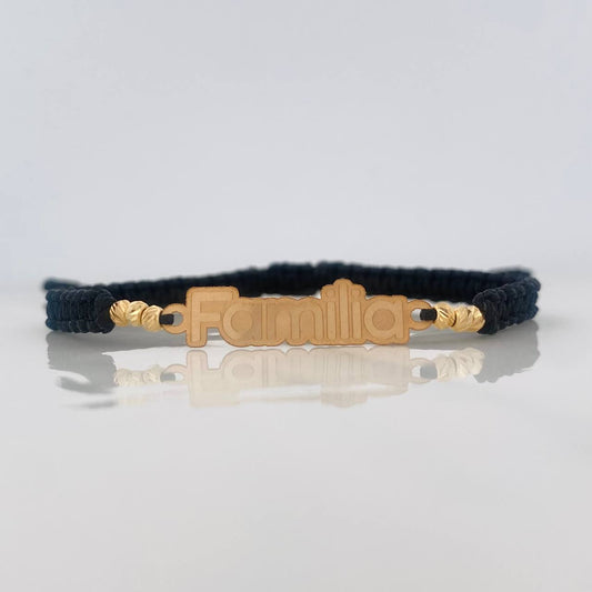 Pulsera Tejida Negra Herraje Familia Oro Amarillo 18K
