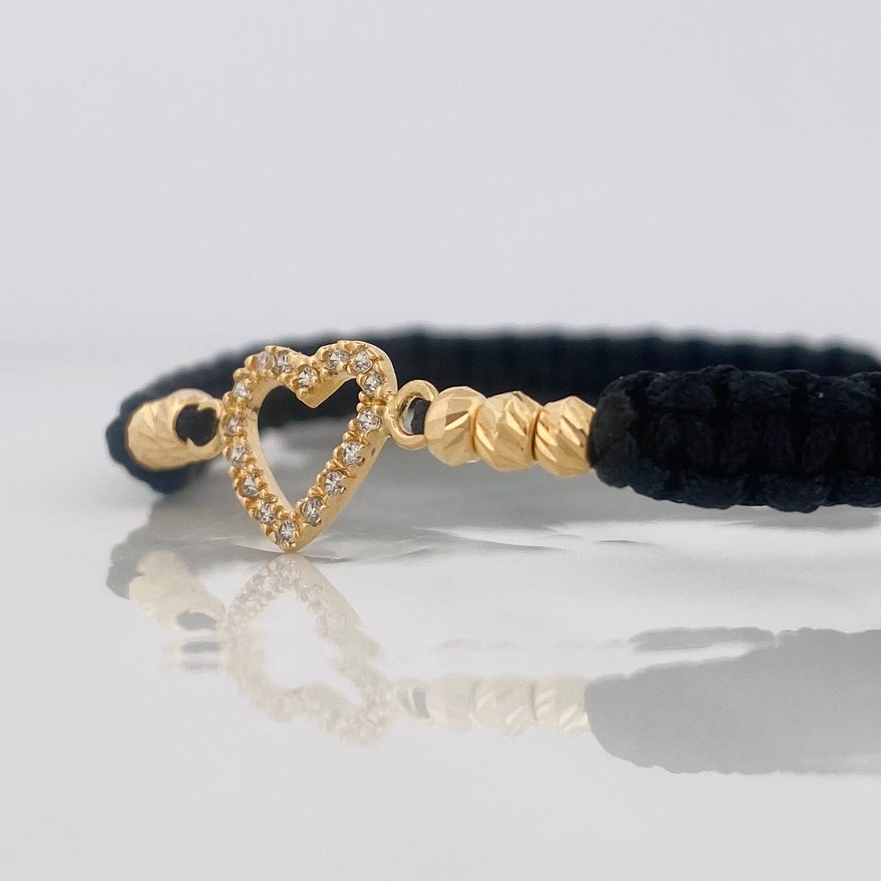 Pulsera Tejida Negra Corazon Oro Amarillo 18K