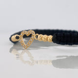Pulsera Tejida Negra Corazon Oro Amarillo 18K