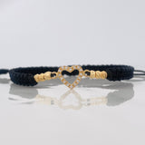 Pulsera Tejida Negra Corazon Oro Amarillo 18K