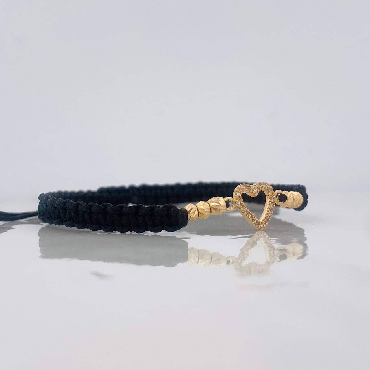Pulsera Tejida Negra Corazon Oro Amarillo 18K