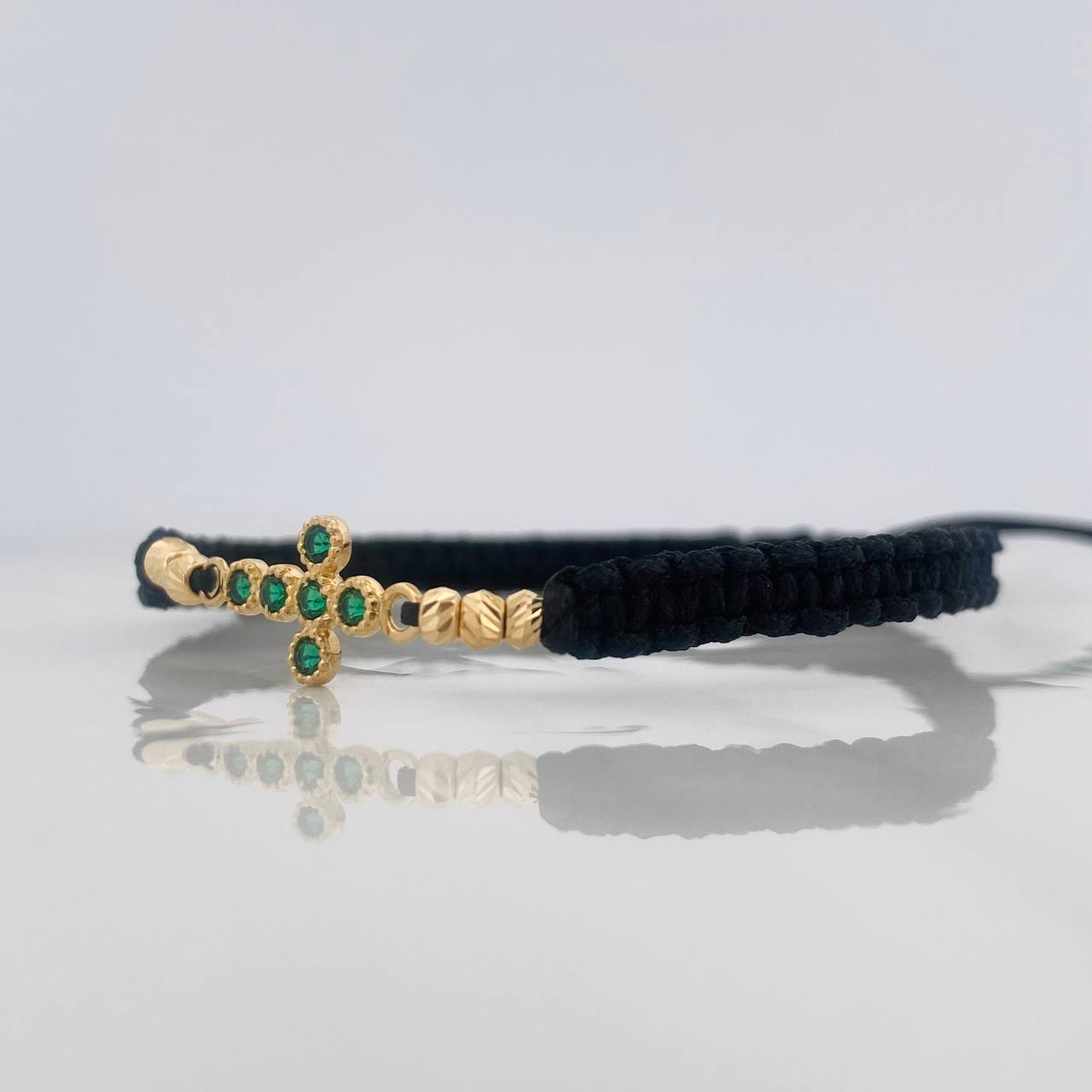 Pulsera Tejida Negra Cruz Tupida Oro Amarillo 18K