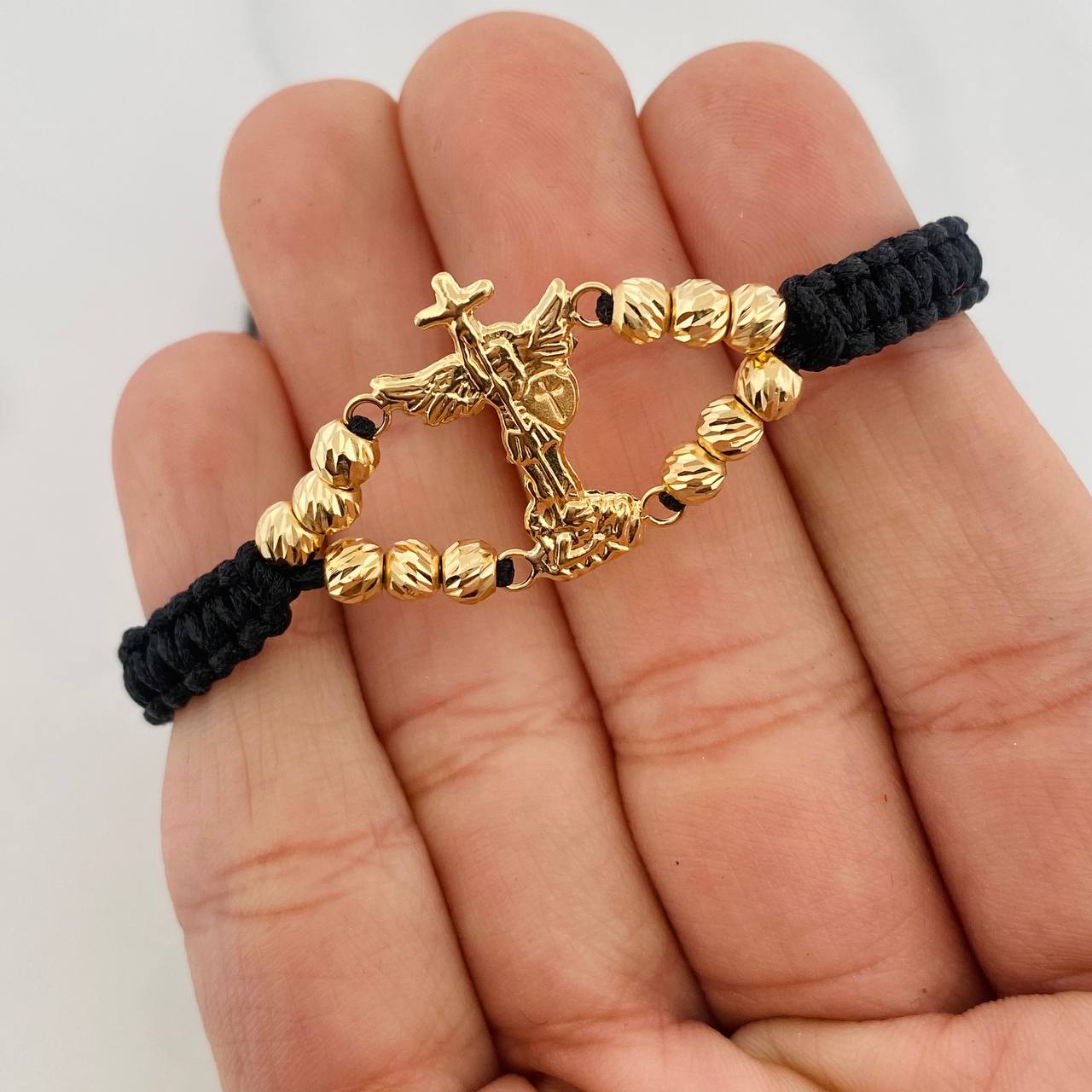 Pulsera Tejida Negra San Miguel Arcángel Oro Amarillo 18K