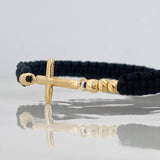 Pulsera Tejida Negra Cruz Oro Amarillo 18K