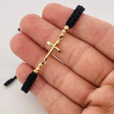 Pulsera Tejida Negra Cruz Oro Amarillo 18K