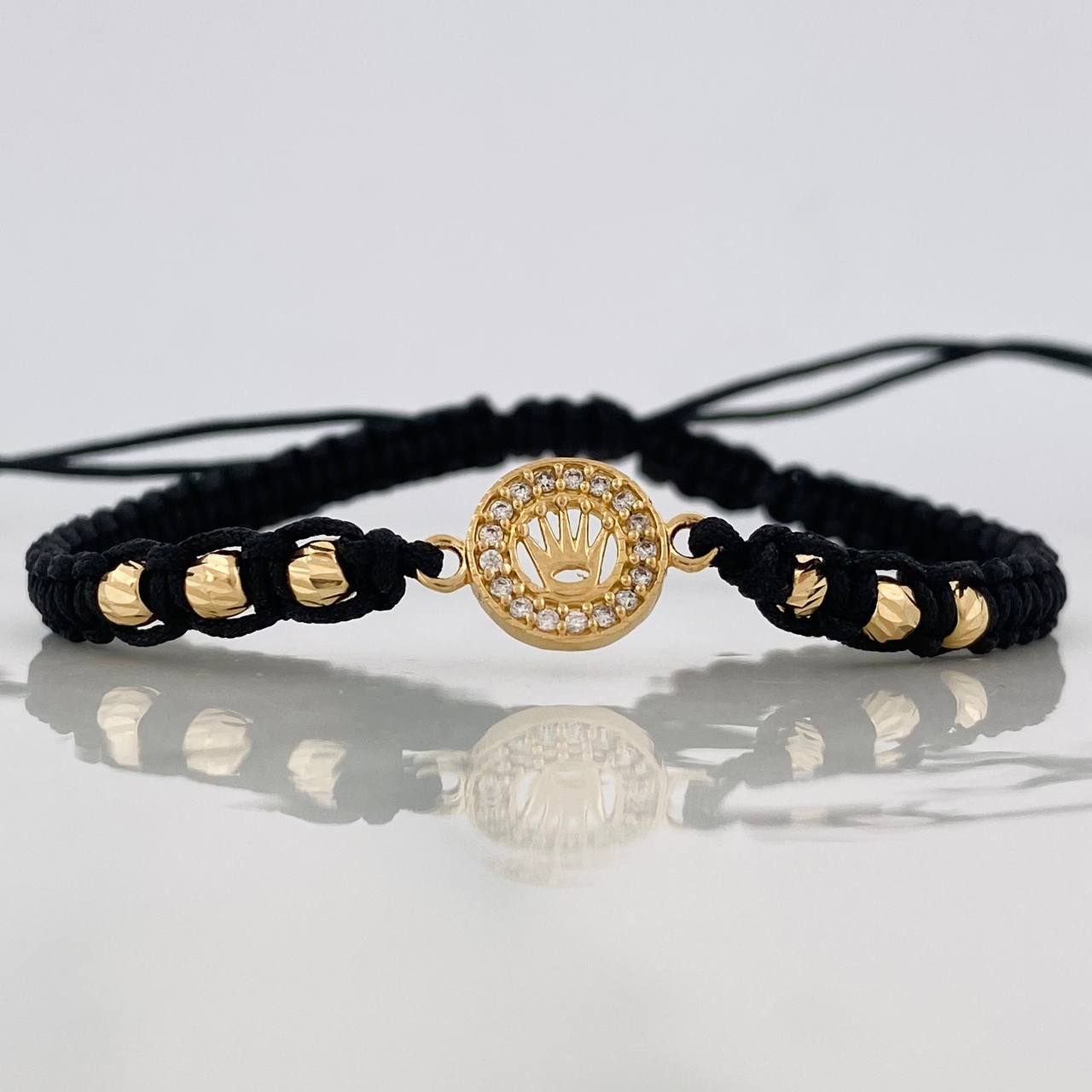 Pulsera Tejida Negra Corona Oro Amarillo 18K