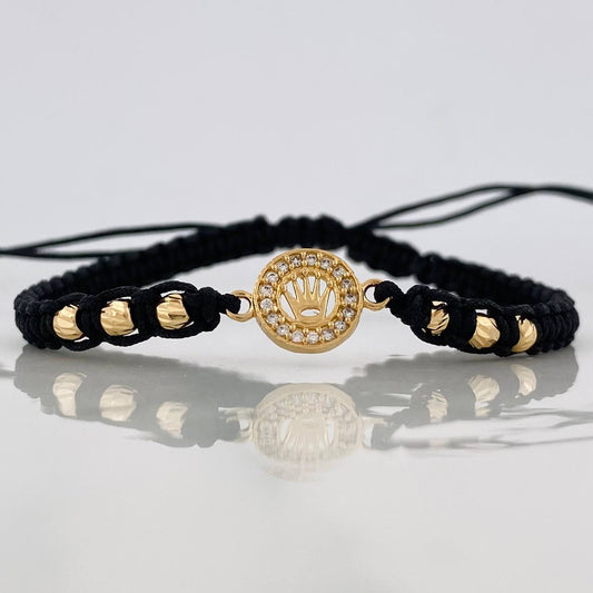 Pulsera Tejida Negra Corona Oro Amarillo 18K