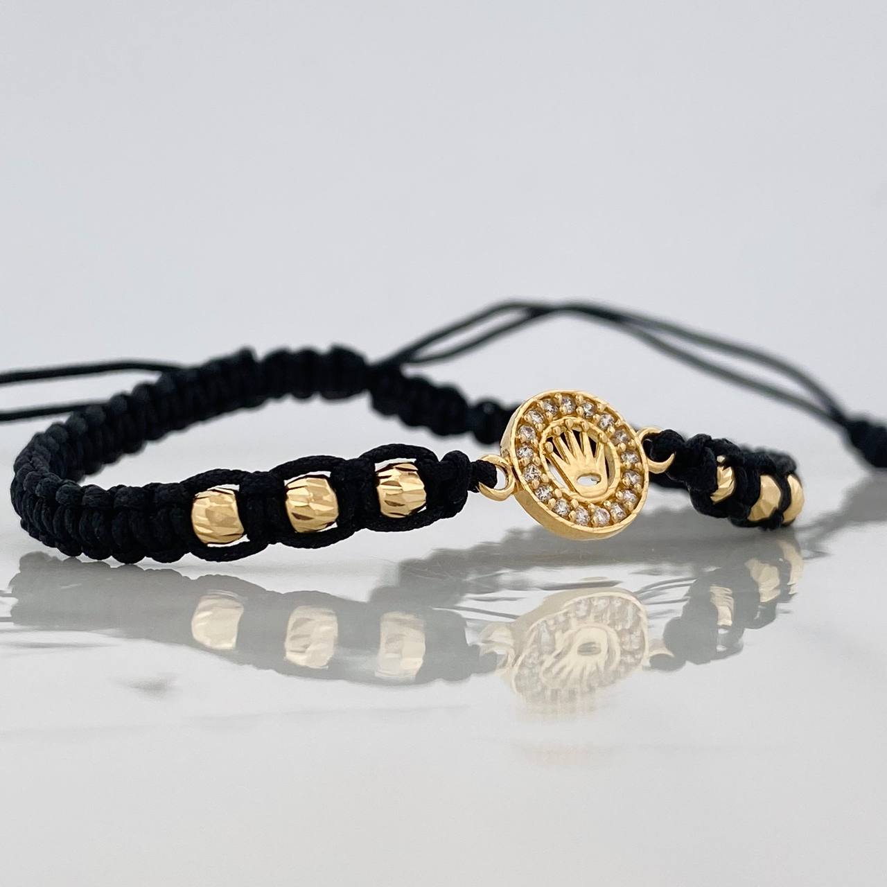 Pulsera Tejida Negra Corona Oro Amarillo 18K