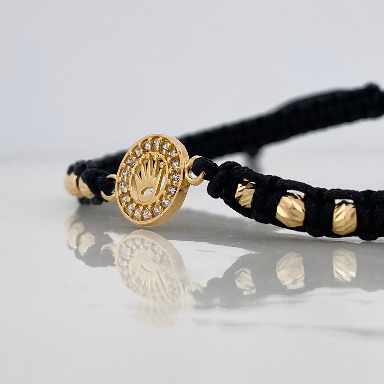 Pulsera Tejida Negra Corona Oro Amarillo 18K