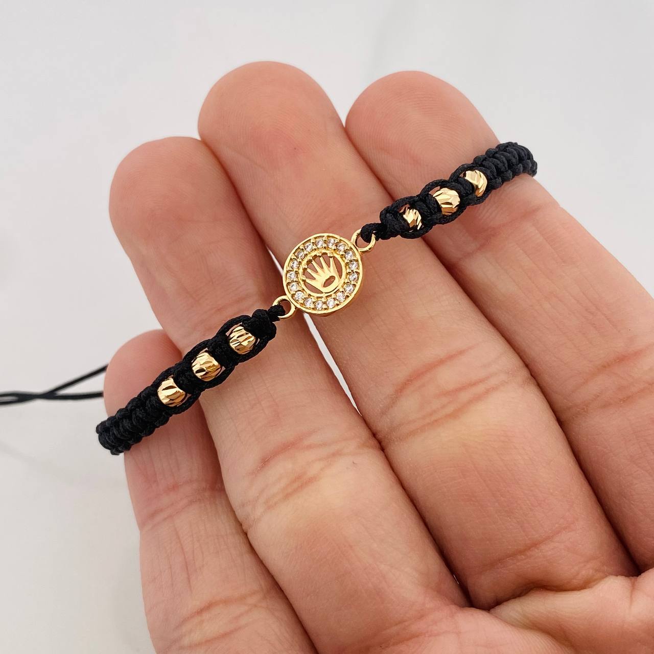 Pulsera Tejida Negra Corona Oro Amarillo 18K