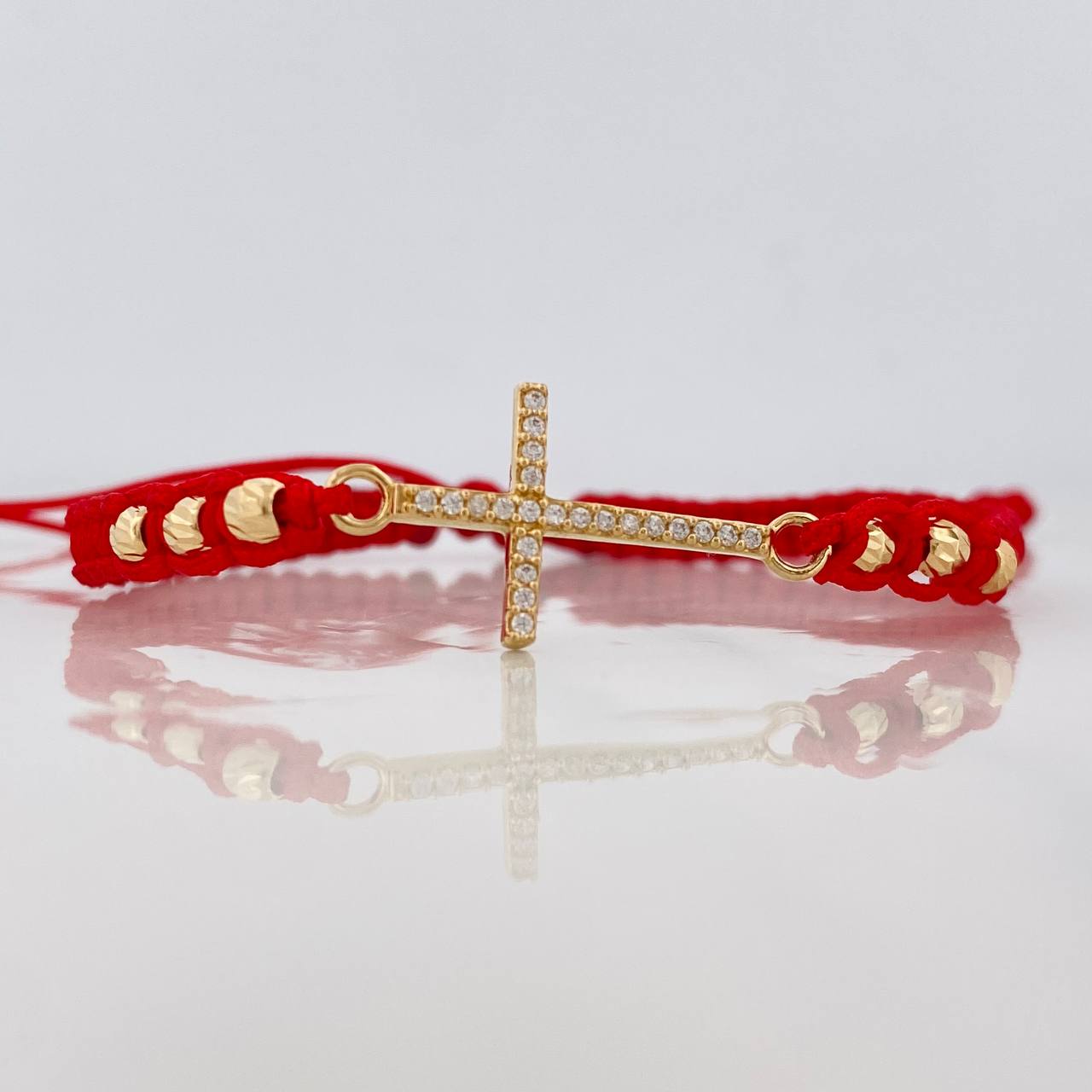 Pulsera Tejida Roja Cruz Tupida Oro Amarillo 18K
