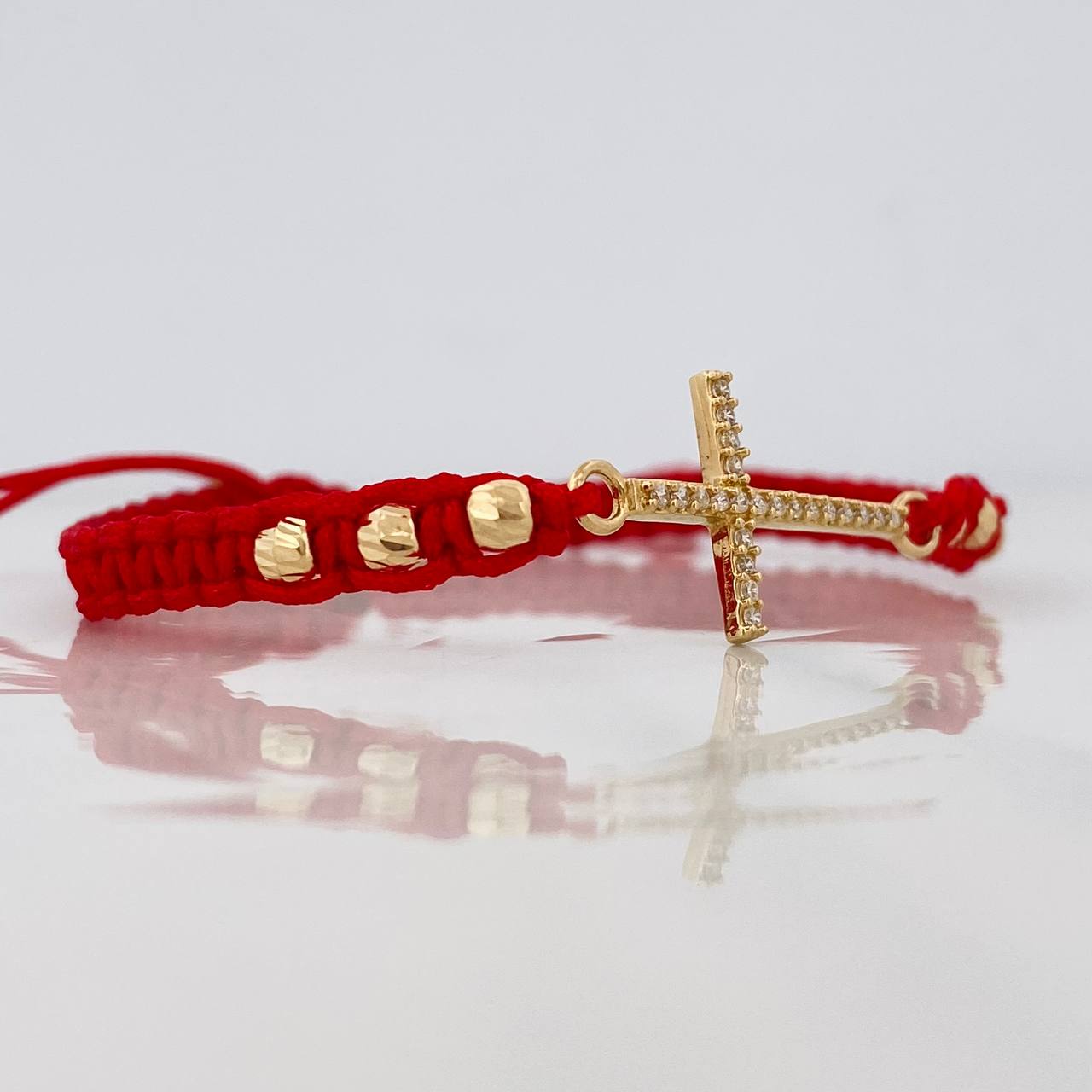Pulsera Tejida Roja Cruz Tupida Oro Amarillo 18K