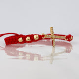 Pulsera Tejida Roja Cruz Tupida Oro Amarillo 18K
