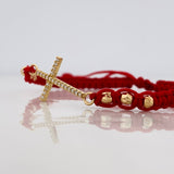 Pulsera Tejida Roja Cruz Tupida Oro Amarillo 18K
