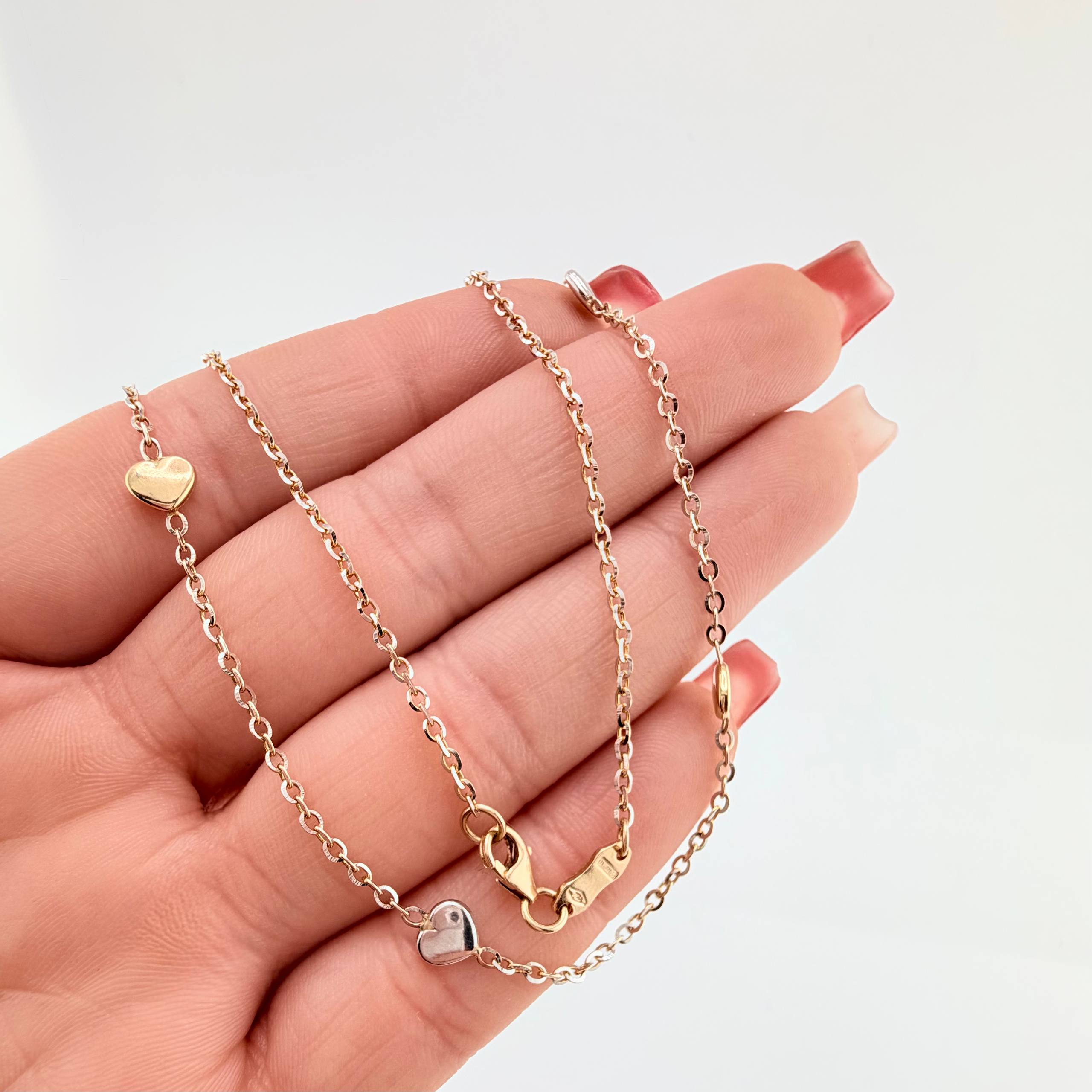 Cadena Aro Seguido Corazones 3.65gr / 45cm / 1mm Dos Oros Amarillo Blanco +4 18K ©