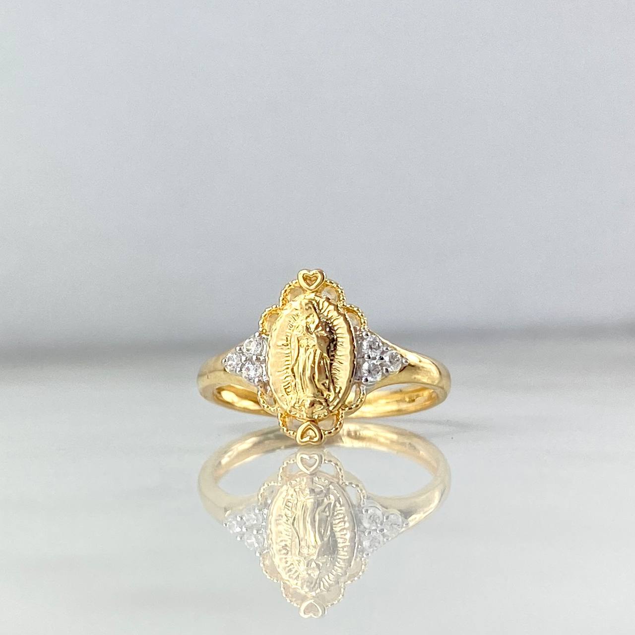 Anillo Virgen de Guadalupe Flor 2.45gr / T6 1/4 / Ovalo Circones Blancos Dos Oros Amarillo Blanco