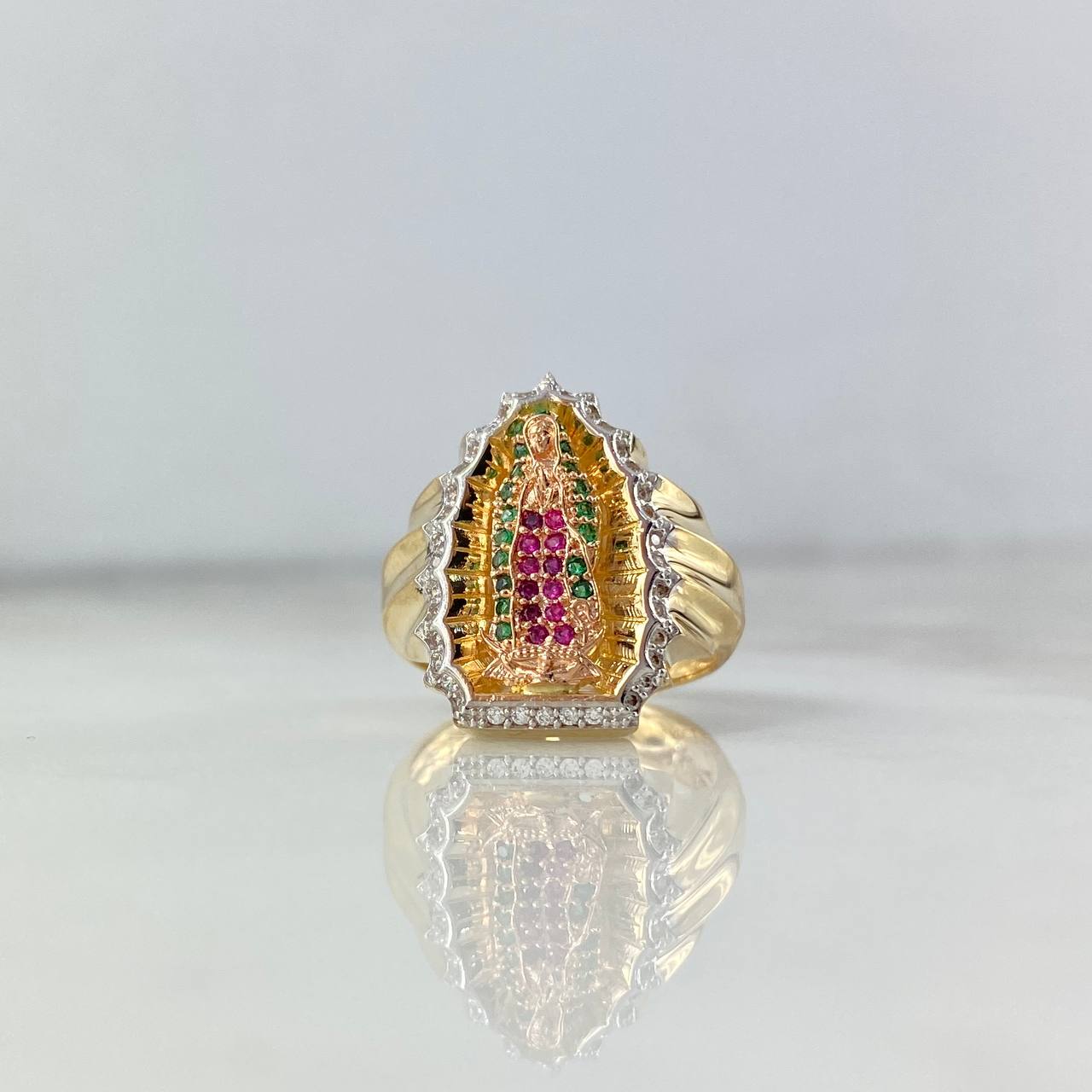 Anillo Virgen de Guadalupe Silueta 7.3gr / T7 / Circones Blancos Verdes Fucsias Dos Oros Amarillo Blanco