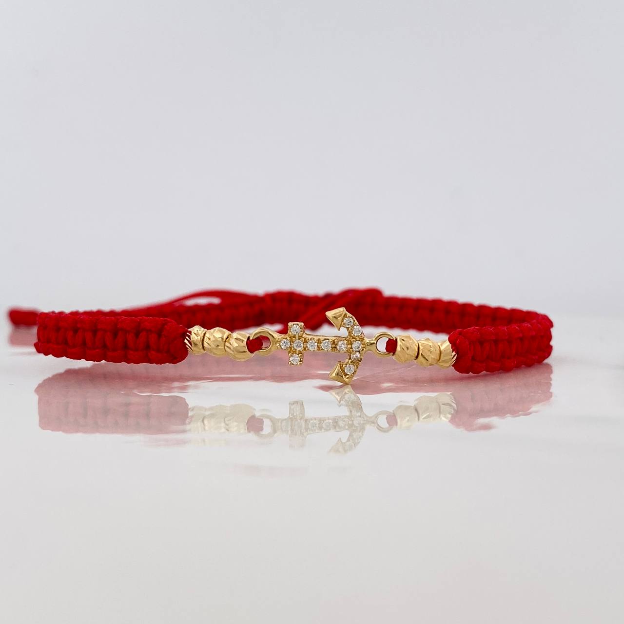 Pulsera Tejida Roja Ancla Oro Amarillo 18K