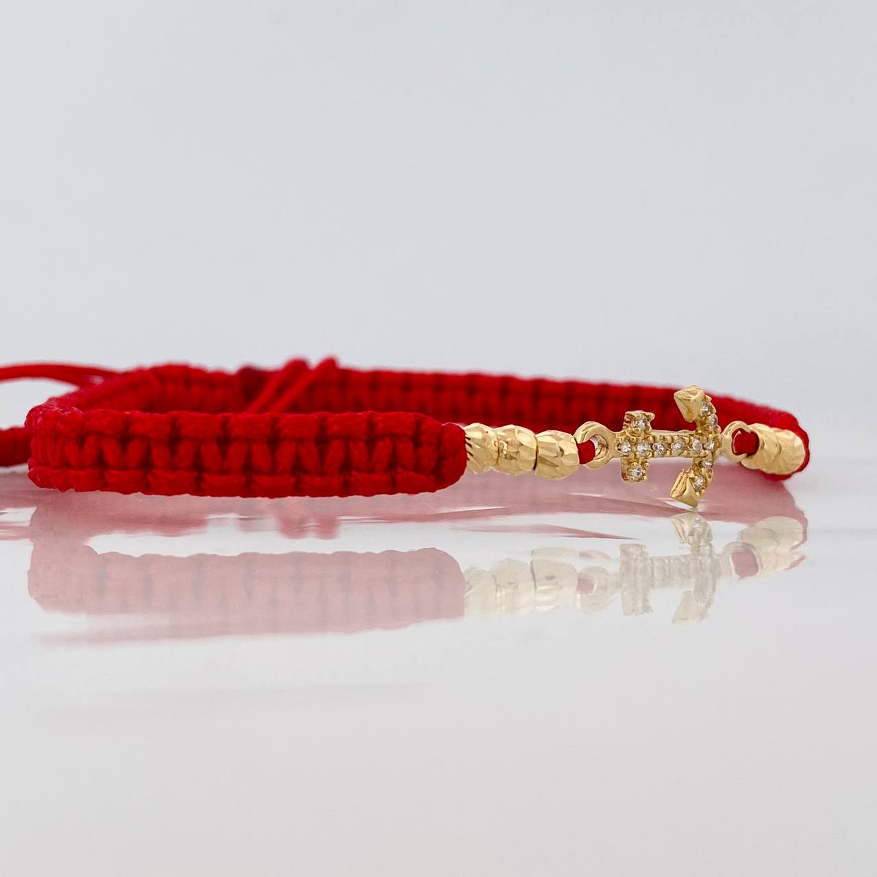 Pulsera Tejida Roja Ancla Oro Amarillo 18K
