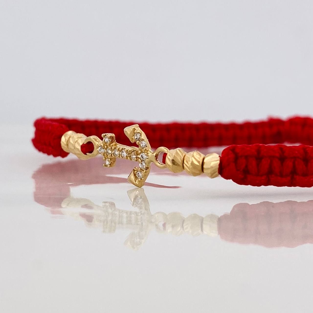 Pulsera Tejida Roja Ancla Oro Amarillo 18K