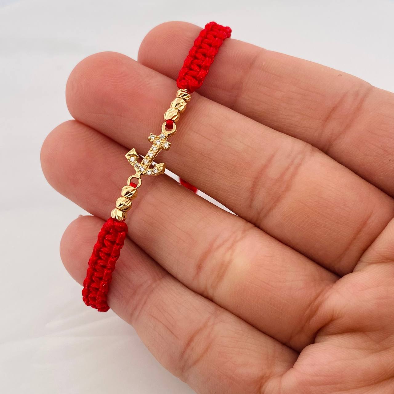 Pulsera Tejida Roja Ancla Oro Amarillo 18K