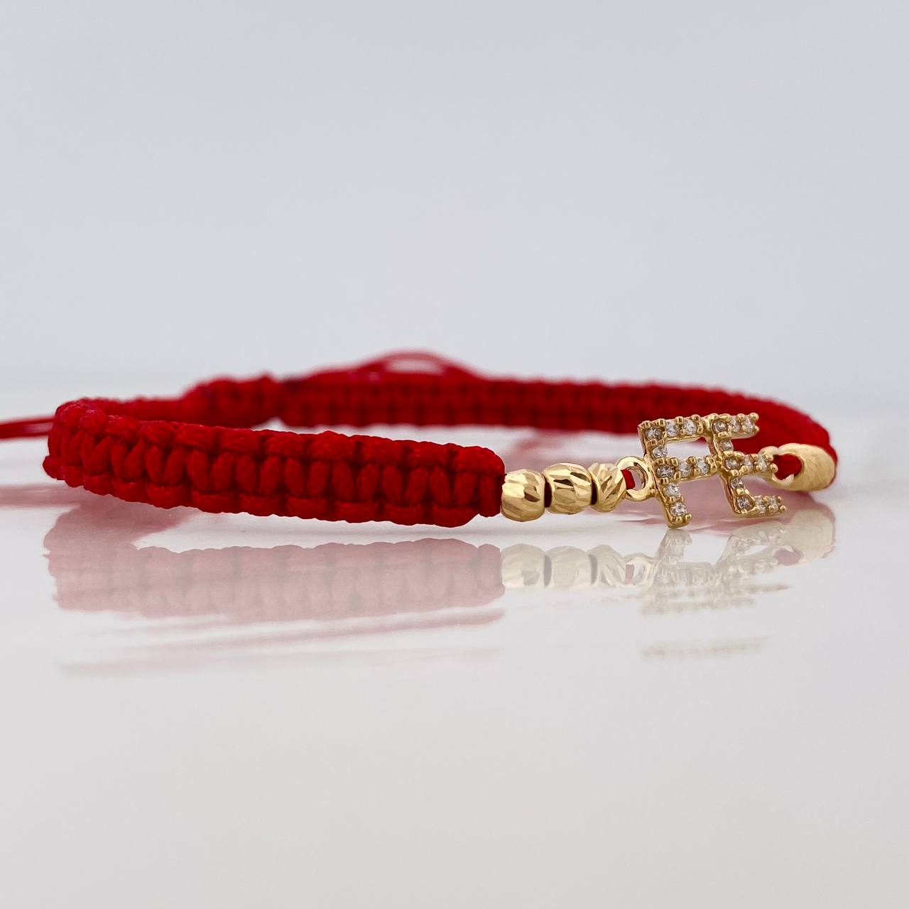Pulsera Tejida Roja Herraje Fe Oro Amarillo 18K