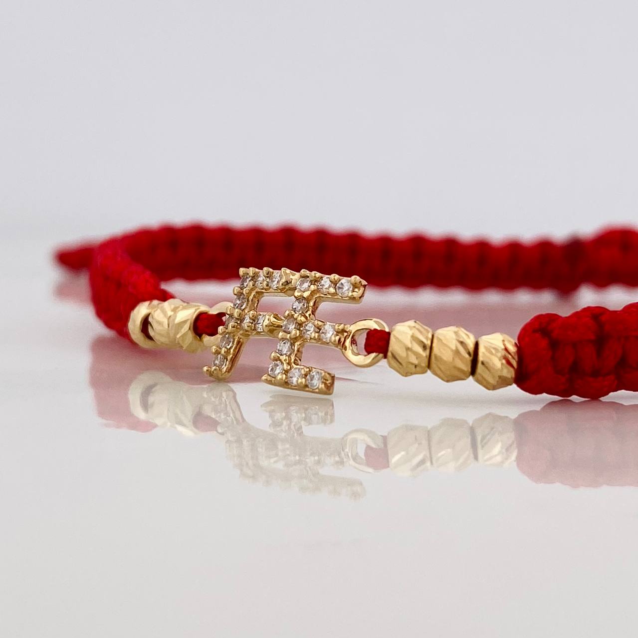 Pulsera Tejida Roja Herraje Fe Oro Amarillo 18K