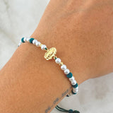 Pulsera Verde Herraje Virgen Guadalupe 0.45gr / 3mm Bolas Diamantadas 2 Und Oro Amarillo 18K *
