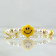 Pulsera Blanca Flor Carita Feliz 0.2gr / 4mm Bolas Diamantadas 2 Und Oro Amarillo 18K (A.C)