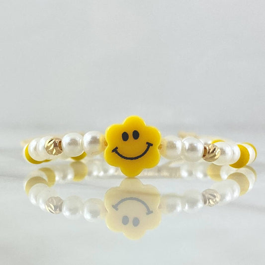 Pulsera Blanca Flor Carita Feliz 0.2gr / 4mm Bolas Diamantadas 2 Und Oro Amarillo 18K (A.C)