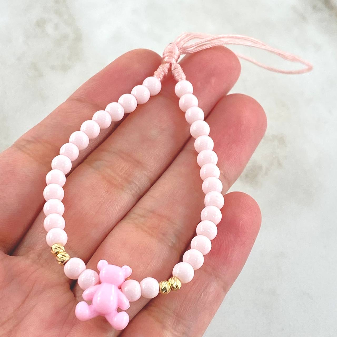 Llavero Rosado Oso 0.3gr / 3mm Bolas Diamantadas 4 Und Oro Amarillo 18K (A.C)