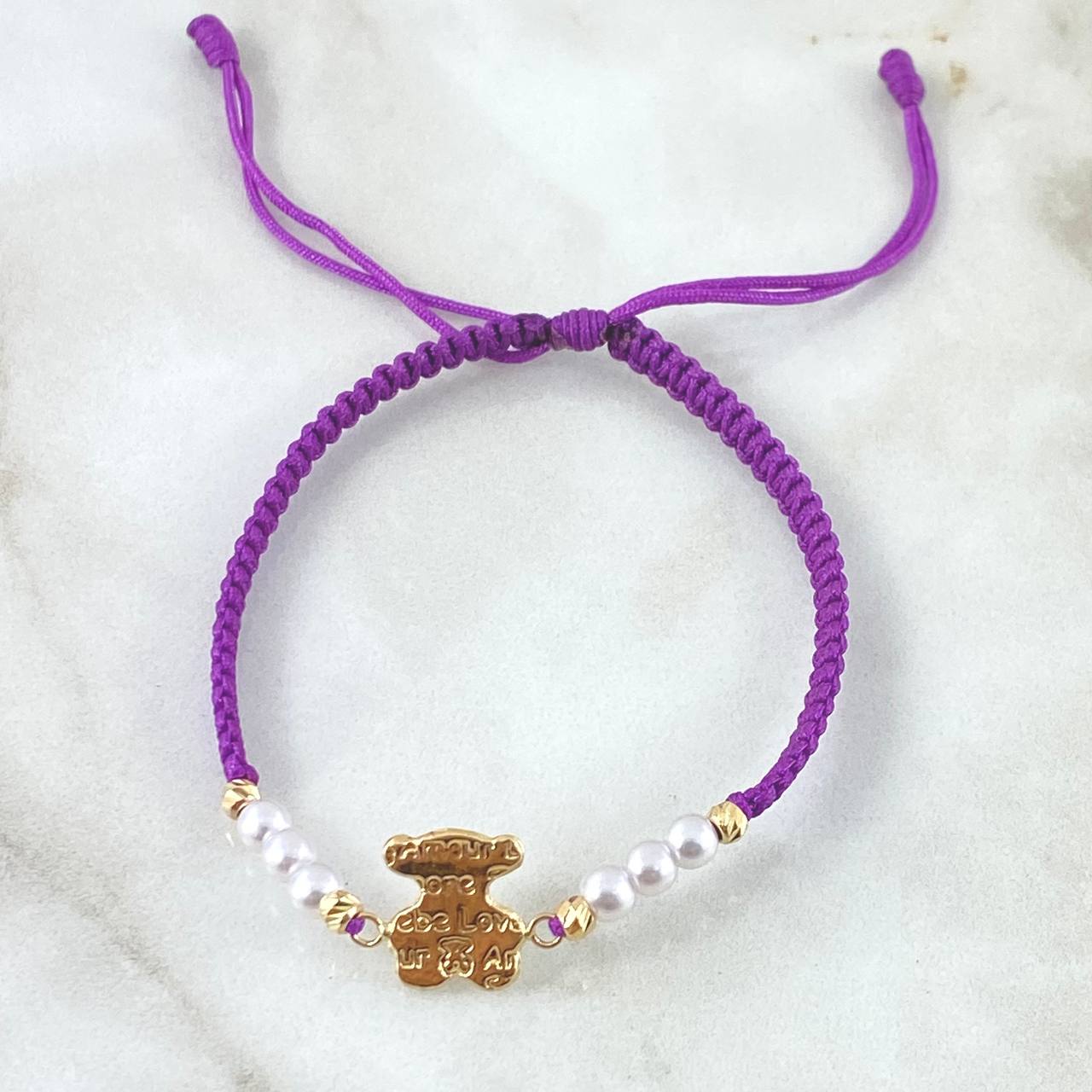 Pulsera Morada Herraje Oso TS 1.05gr / 3mm Bolas Diamantadas 4 Und Oro Amarillo 18K *