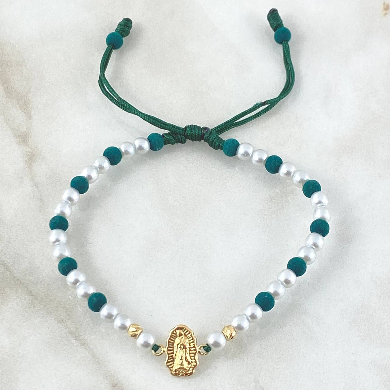 Pulsera Verde Herraje Virgen Guadalupe 0.45gr / 3mm Bolas Diamantadas 2 Und Oro Amarillo 18K *