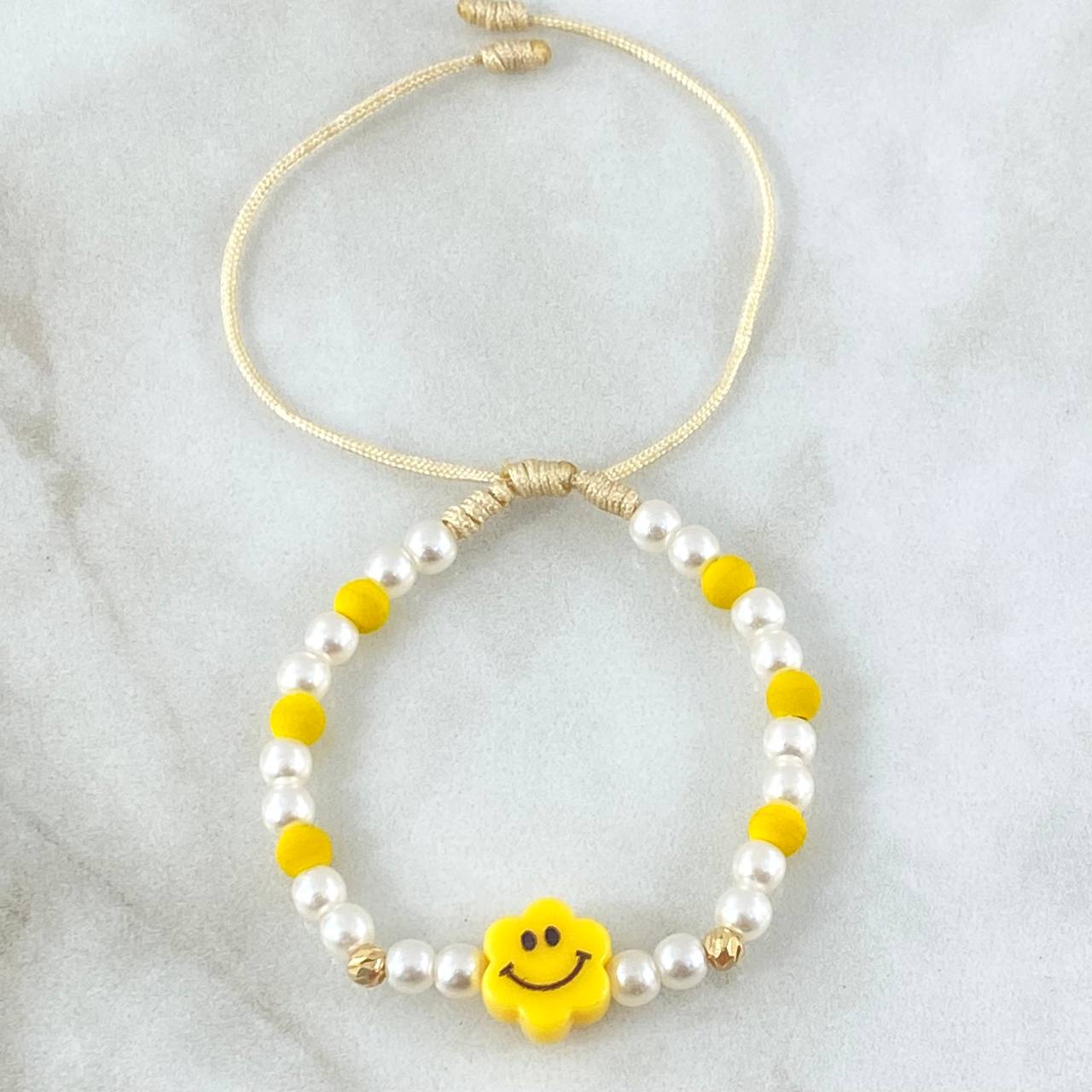 Pulsera Blanca Flor Carita Feliz 0.2gr / 4mm Bolas Diamantadas 2 Und Oro Amarillo 18K (A.C)