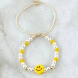Pulsera Blanca Flor Carita Feliz 0.2gr / 4mm Bolas Diamantadas 2 Und Oro Amarillo 18K (A.C)