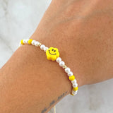Pulsera Blanca Flor Carita Feliz 0.2gr / 4mm Bolas Diamantadas 2 Und Oro Amarillo 18K (A.C)
