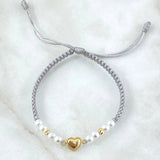 Pulsera Gris Herraje Corazón Punteado 0.55gr / 3mm Bolas Diamantadas 2 Und Oro Amarillo 18K *