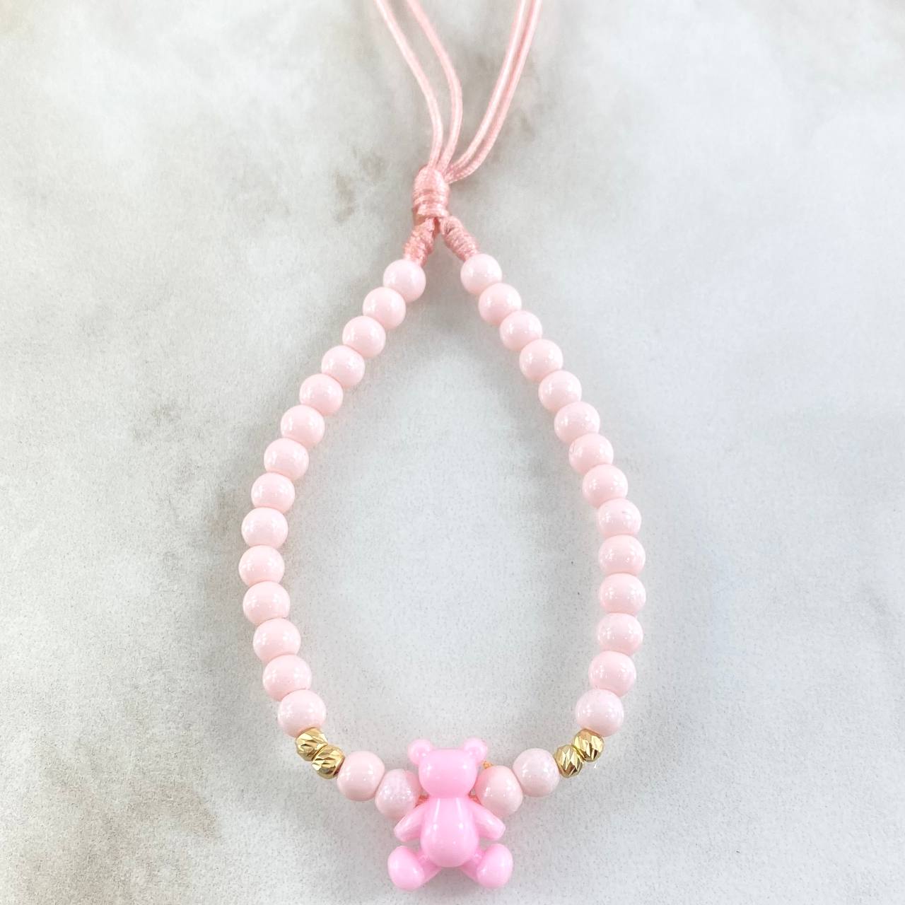 Llavero Rosado Oso 0.3gr / 3mm Bolas Diamantadas 4 Und Oro Amarillo 18K (A.C)