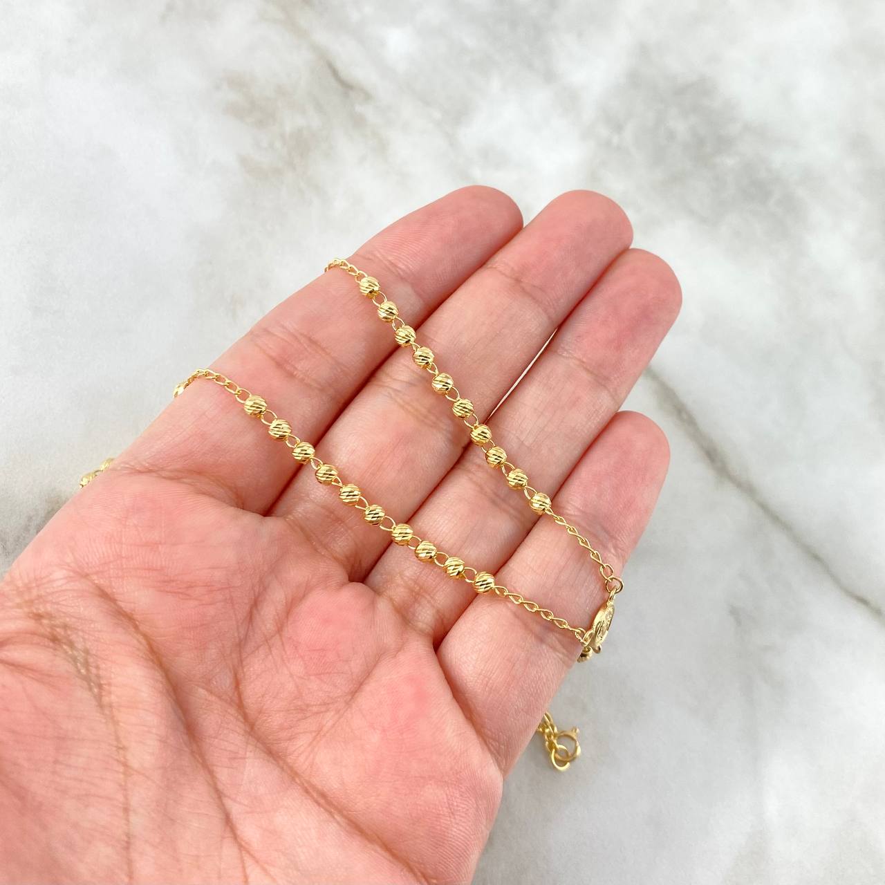 Rosario Virgen Milagrosa 6.1gr / 45cm / 4-3mm Cruz Latina Bolas Diamantadas Oro Amarillo